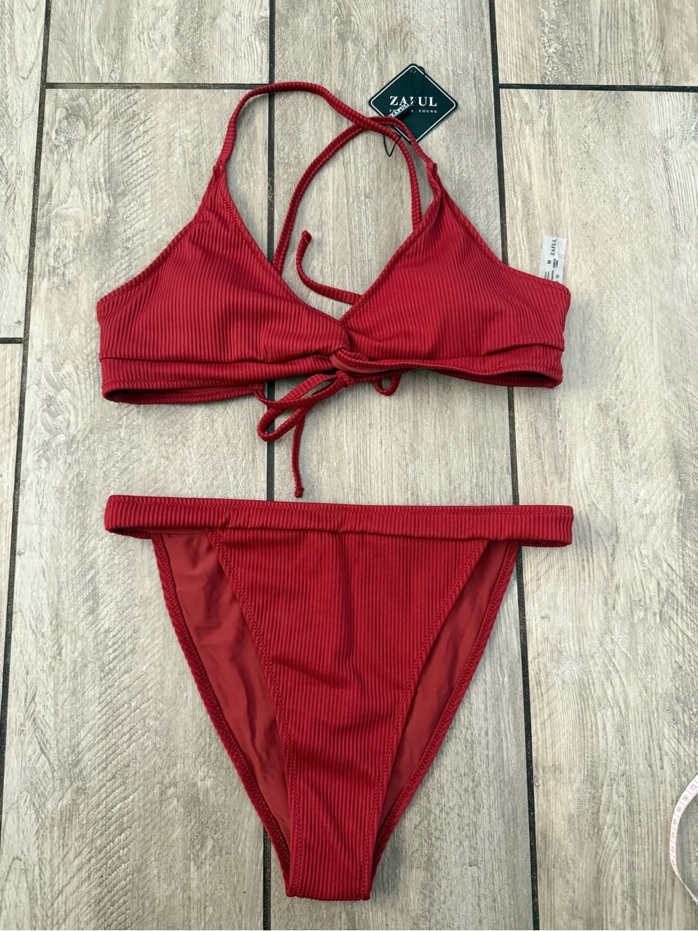 Zaful Crimson Ribbed Tie-Front Bikini Top